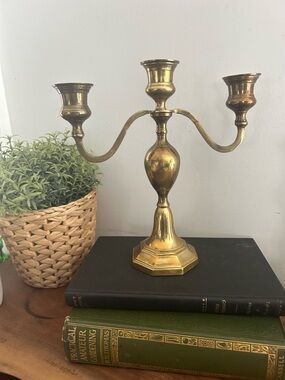 Vintage Solid Brass 3 Arm Candle Holder Candelabra, 9” Tall